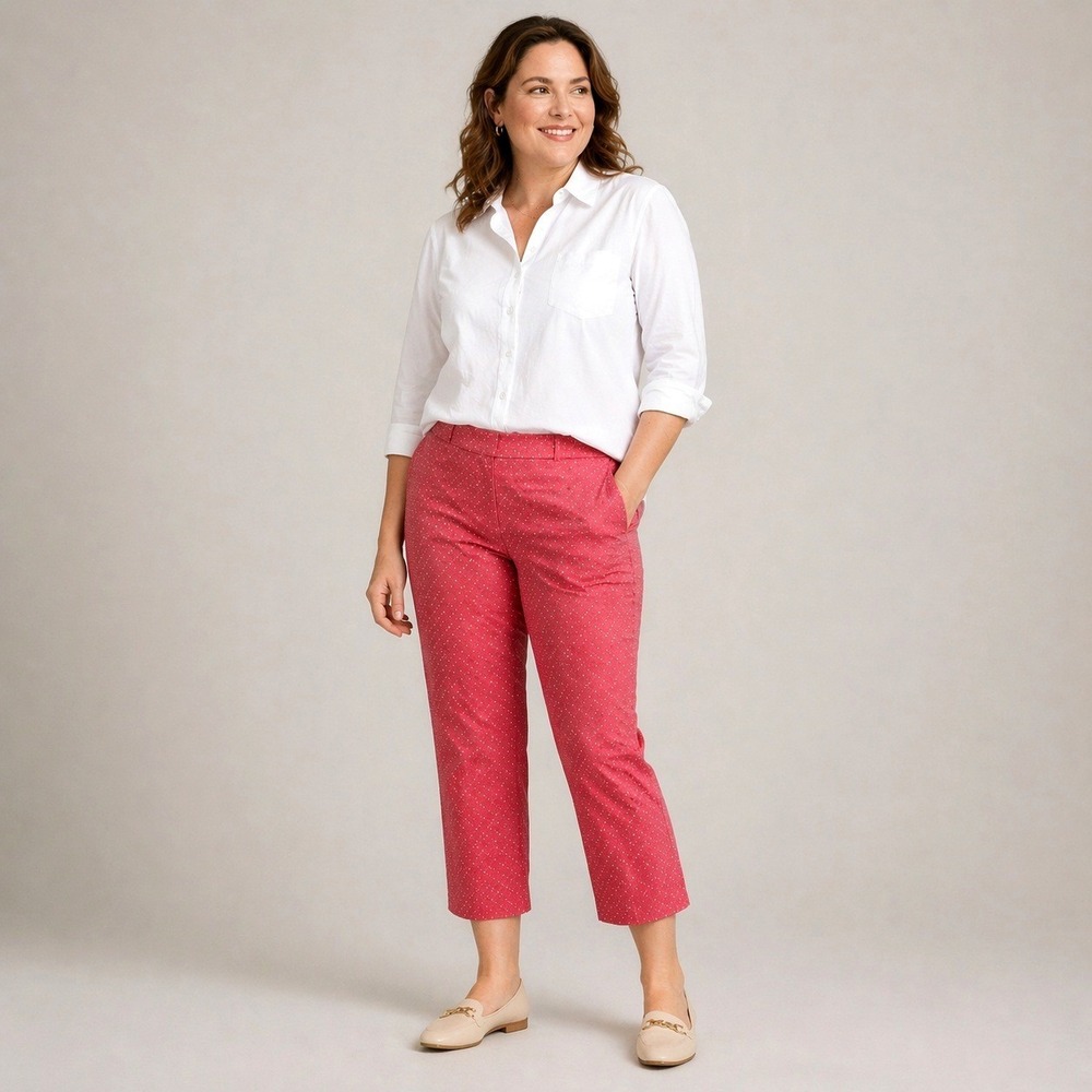 Talbots Cranberry White Polka Dot Long Crop Pants‎ Womens Size 16 Cotton Blend